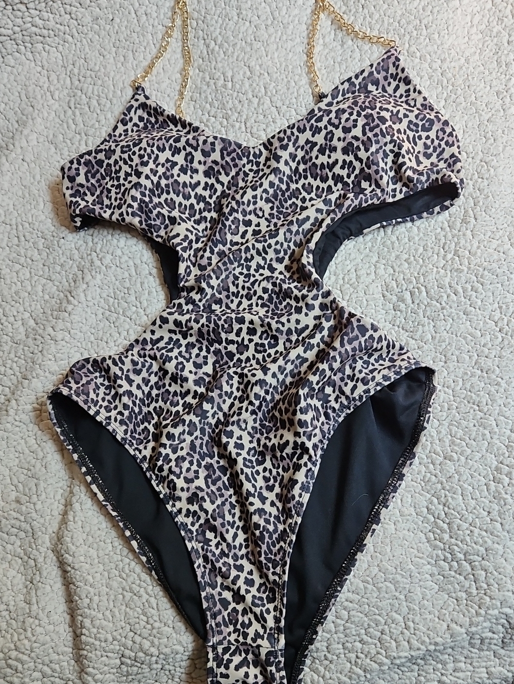 Leopard Print Women's One-Piece Swimsuit with Gold Chain Straps - Size M